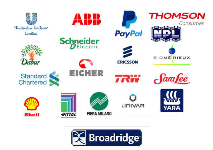 Client and engagement logos: Hindustan Unilever, ABB, PayPal, Thomson, Schneider Electric, Dabur, Ericsson, bioMérieux, Standard Chartered, Eicher, Shell, Univar, Yara, Broadridge and more